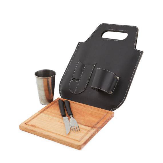 SET INDIVIDUAL DE ASADO - ECOCUERO CARAMELO Y NEGRO CON VASO DE ACERO INOXIDABLE