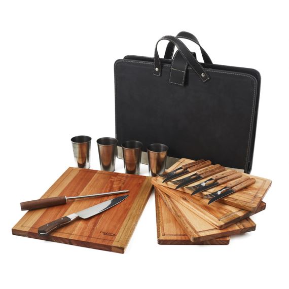 SET ASADO PICNIC X 4 CON TABLA PARA CORTAR, CUCHILLA Y CHAIRA 