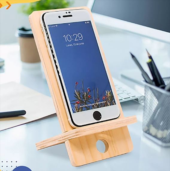 SOPORTE UNIVERSAL PARA CELULAR DE MADERA EN BOLSA DE LIENZO