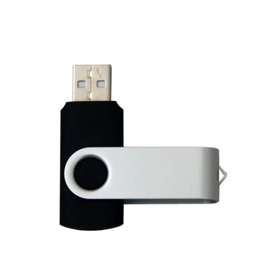 PENDRIVE GIRATORIO CUERPO NEGRO Y TAPA METÁLICA PLATEADA. CAPACIDAD 8, 16 Y 32GB.